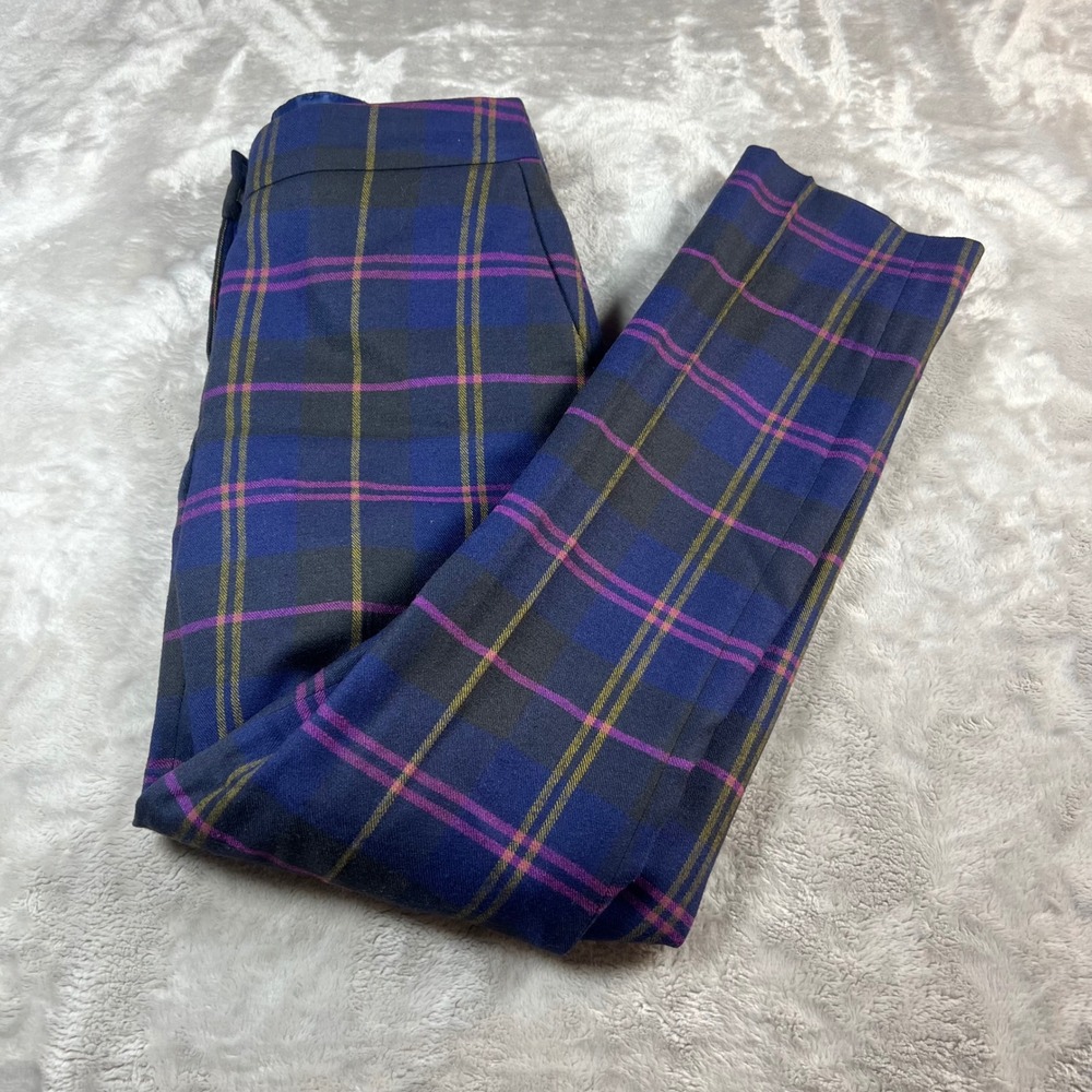 Boden Women's 4L Hampshire Trousers Navy Purple Plaid Wool Blend Slim Pants